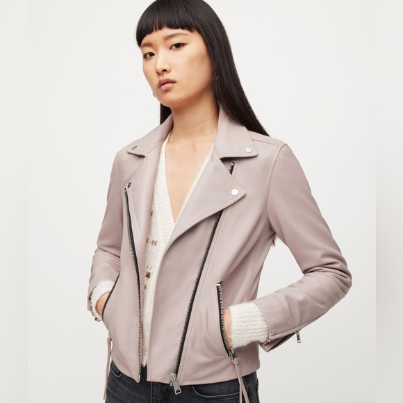 NEW ALLSAINTS Dalby Leather Biker Jacket in Nude Pink, Size 2 US - Picture 1 of 12